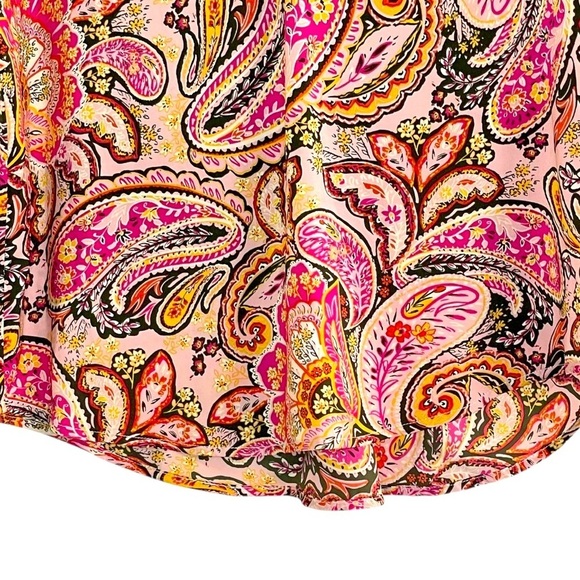 Single Thread Pink Paisley Satin Like Top with Collar, Paisley Print Blouse S - Picture 7 of 14
